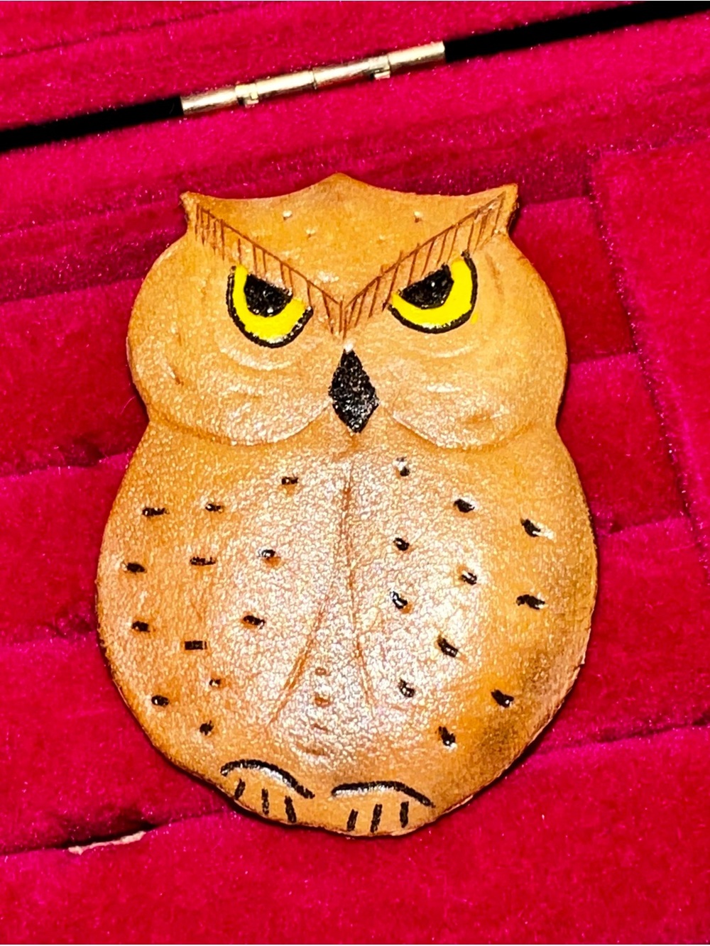Vintage Owl Brooch Pin Hand Painted Brown Tooled Leather Canada Artist Signed